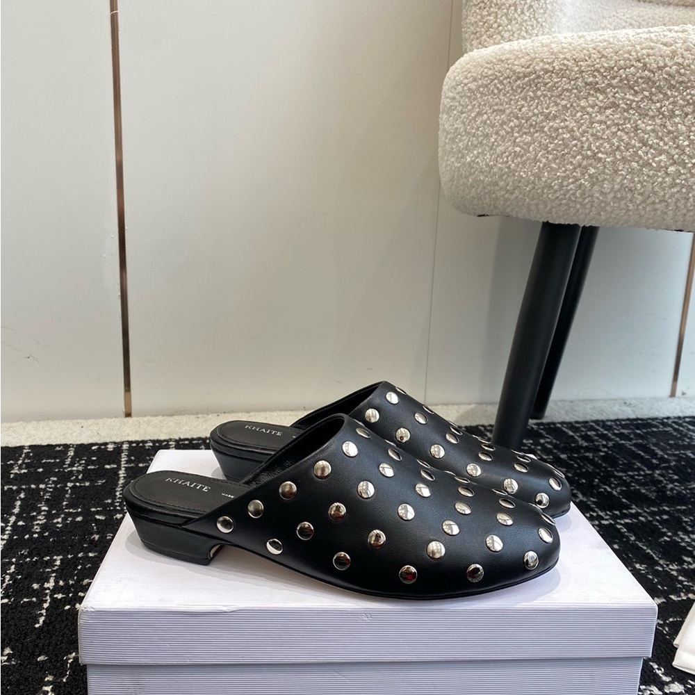 KHAITE Black Leather Studded Slip-On Mules - Picture 2 of 8